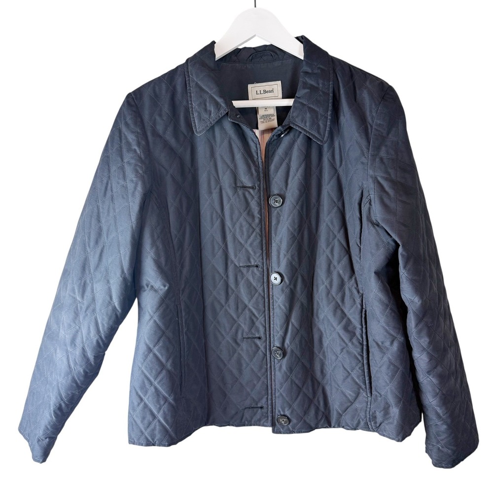 LL Bean Womens Quilted Barn Jacket Navy Blue Button Front Field Coat M Vintage‎